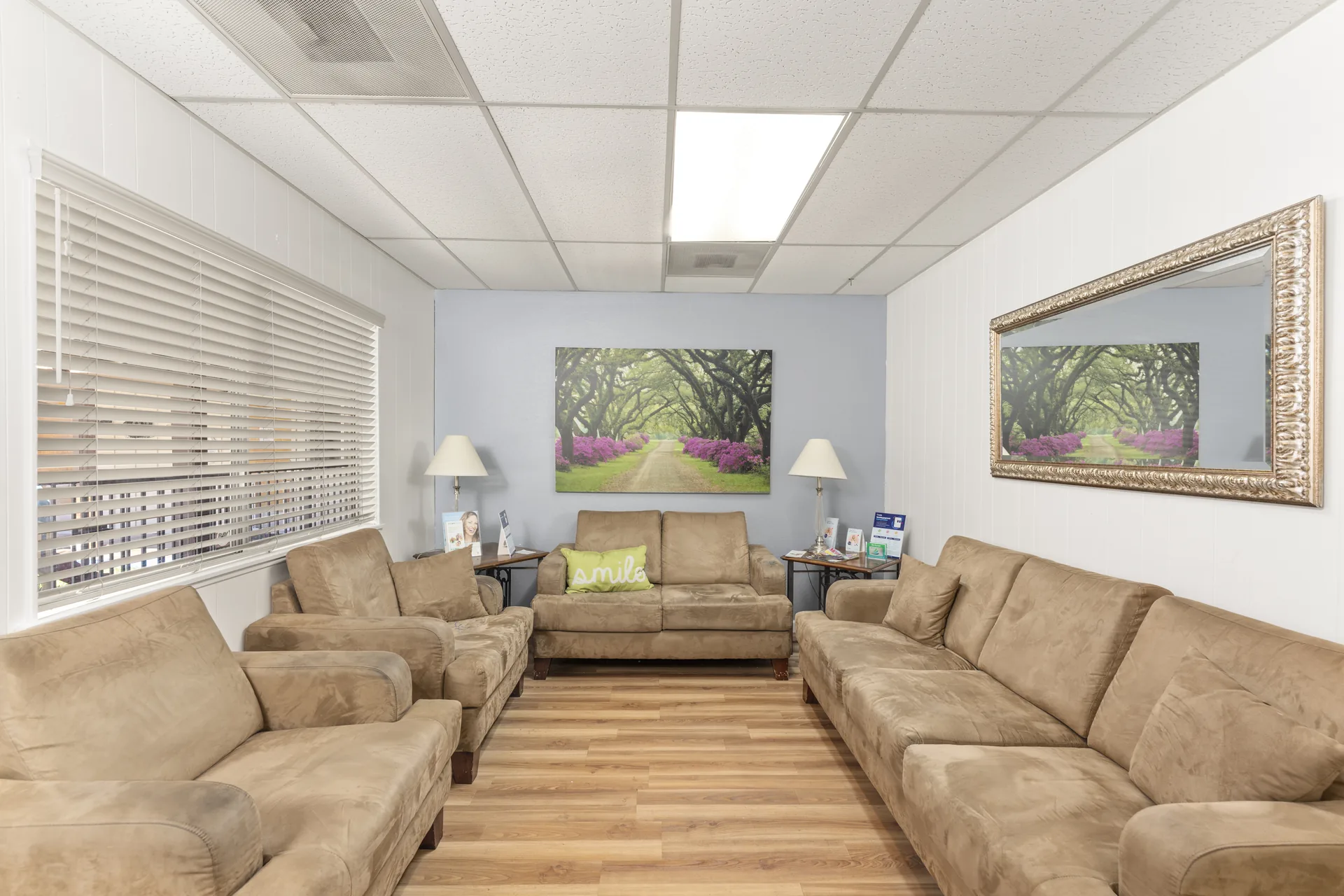 Cozy waiting area with nature paintings at Thrive Dental Dixon